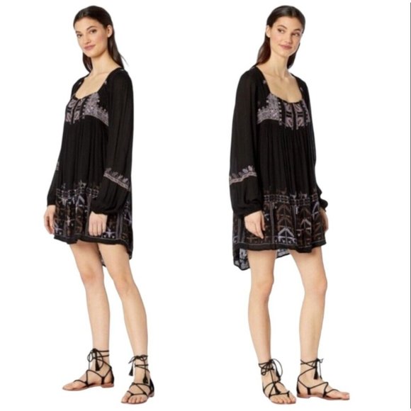 FREE PEOPLE Rhiannon Embroidered Tunic Mini Dress Women's S Black  Square Neck - Picture 2 of 7